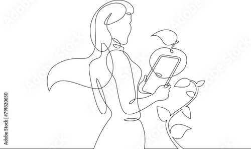 One continuous line.Augmented reality. Agronomist bioengineer using a tablet examines a plant. AR recognition and object scanning. Continuous line drawing.Line Art isolated white background.