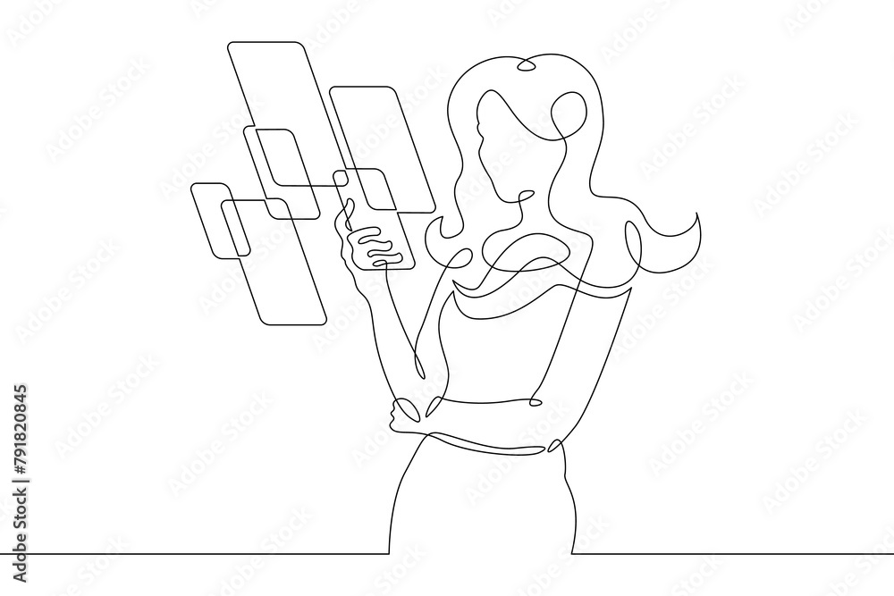 Woman with phone.One continuous line.Augmented reality.Multi-screen in the phone application. Augmented Reality on the smartphone screen. Continuous line drawing.Line Art isolated white background.