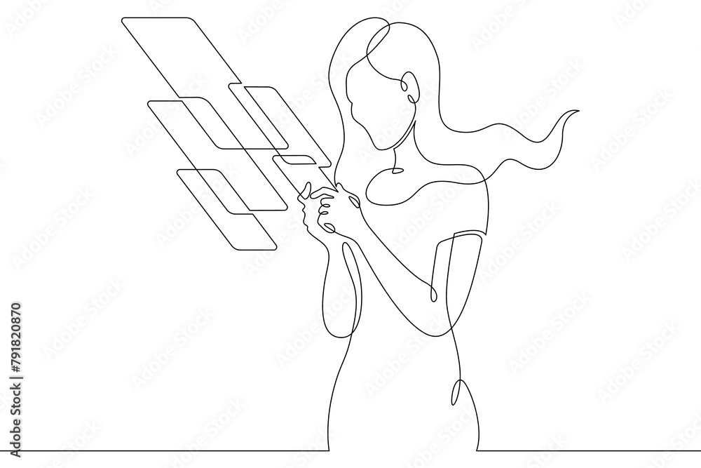 Naklejka premium Woman with phone.One continuous line.Augmented reality.Multi-screen in the phone application. Augmented Reality on the smartphone screen. Continuous line drawing.Line Art isolated white background.