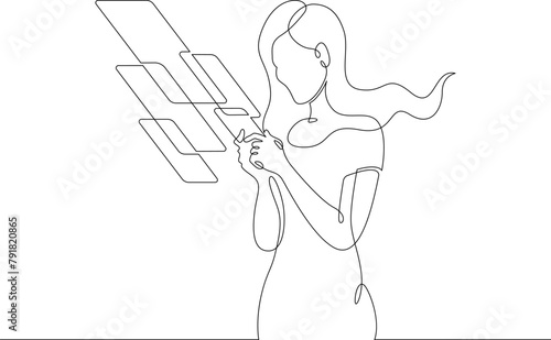 Woman with phone.One continuous line.Augmented reality.Multi-screen in the phone application. Augmented Reality on the smartphone screen. Continuous line drawing.Line Art isolated white background.