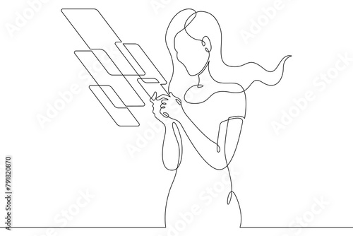 Woman with phone.One continuous line.Augmented reality.Multi-screen in the phone application. Augmented Reality on the smartphone screen. Continuous line drawing.Line Art isolated white background.