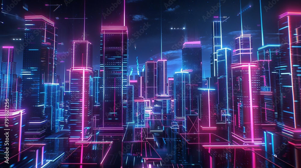 Fototapeta premium futuristic digital cityscape with glowing neon lights and data streams cyberpunk 3d illustration