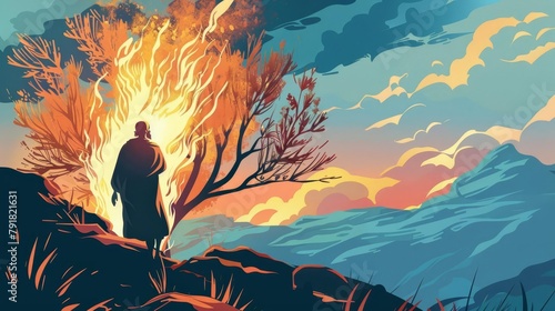 god appearing to moses in burning bush on mount sinai biblical scene vector illustration photo