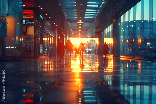 A dystopian future where corporations have become more powerful than governments, controlling all aspects of society.a blurry picture of people walking down a hallway at sunset photo