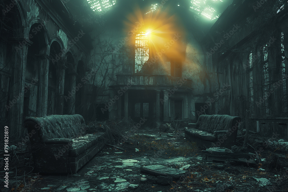 A post-apocalyptic wasteland where survivors scavenge for resources amidst the ruins of civilization.Sunlight filters into deserted urban building at midnight