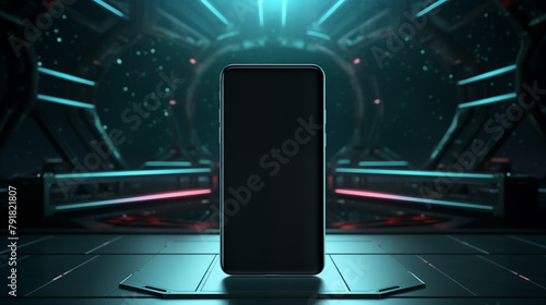 Mobile mockup upright in sci-fi environment with sparkling particles. Green spaceship interior. Phone template device advertising image. Tech concept cellphone photorealistic mock up