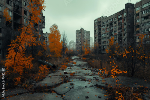 A post-apocalyptic wasteland where nature has reclaimed abandoned cities and crumbling infrastructure.Desolate city with river, buildings, and plants, set against urban skyline #791821810