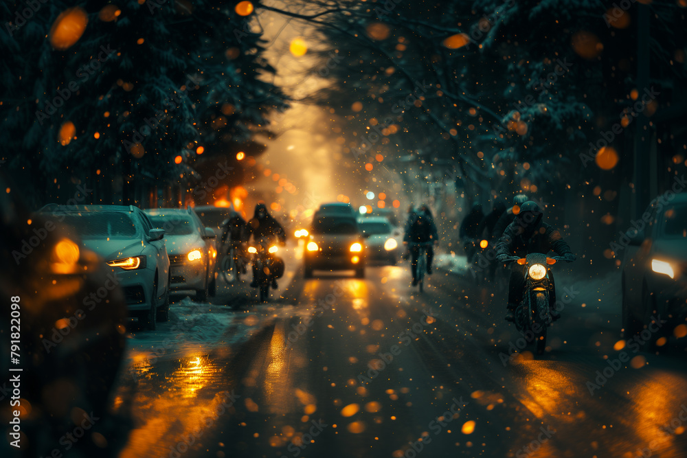 A world where an alien invasion has forced humanity to unite under a single global government.a blurry picture of a city street at night in the rain