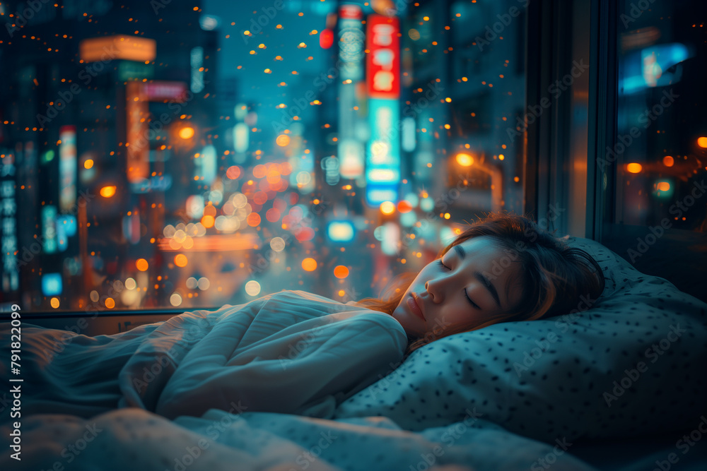 A world where genetic engineering has eliminated the need for sleep, leading to a society that never.A woman sleeps in bed with a city backdrop, under midnight electric blue sky A world where genetic engineering has eliminated the need for sleep, leading to a society that never.A woman sleeps in bed with a city backdrop, under midnight electric blue sky