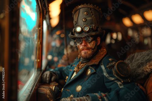 A steampunk-inspired world where Victorian-era technology has advanced to fuel airships and automatons.A military person in a steampunk outfit gazes out of a train window photo