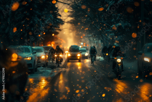 A world where an alien invasion has forced humanity to unite under a single global government.a blurry picture of a city street at night in the rain