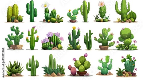 An icon set of green prickly cacti with blossoms and spikes. Modern illustration of cute cactuses, succulents, and desert plants. photo