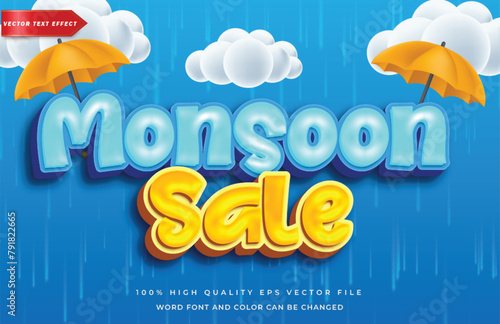 Monsoon Sale editable text effect background with rain drop and umbrellas