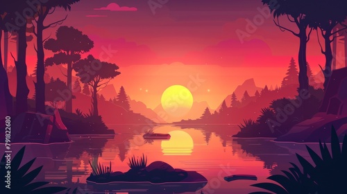 The landscape at sunset contains a lake, the sun on the horizon, and silhouettes of trees on the coast. Modern parallax background for 2D game animation, showing a cartoon scene of a forest on a © Mark