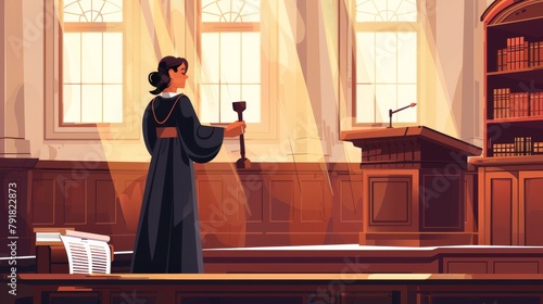 Female lawyer in black robes and courtroom interior. Modern cartoon illustration of female lawyer in black robes and courtroom furniture. photo