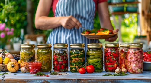 A vibrant display of various vegetables preserved in glass jars on a wooden shelf, showcasing the art of pickling
