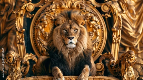 majestic lion king sitting regally on ornate golden throne detailed closeup