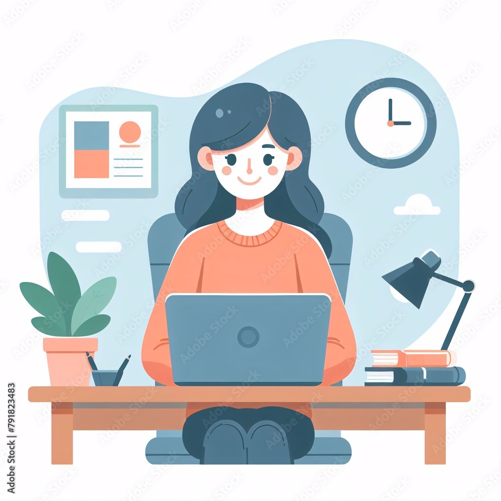 Vector illustration depicts a woman working at home, embodying the concepts of freelance and remote work. This scene reflects the modern trend of working from home, offering flexibility and convenienc Vector illustration depicts a woman working at home, embodying the concepts of freelance and remote work. This scene reflects the modern trend of working from home, offering flexibility and convenienc