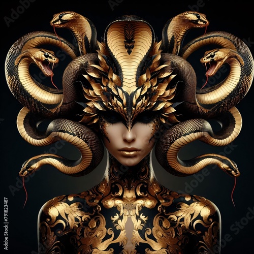 Cobra Woman. 3D rendering of a woman with snakes elegantly entwined in her hair, reflecting the charm of nature and beauty in a breathtaking fusion.