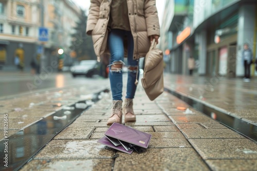 A pedestrian’s perspective of moving towards a forgotten wallet on a wet pedestrian lane in an urban setting photo