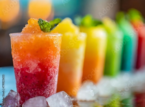 Obraz na plátně Frozen Rainbow Slush Drinks Chilling on Ice served at the bar of a dinning room