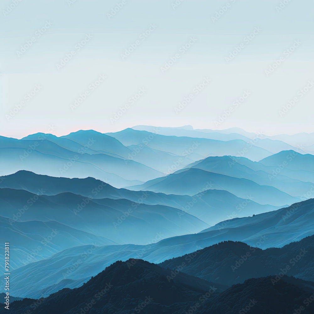 Serene Blue Mountain Range Fading into Misty Sky Serene Blue Mountain Range Fading into Misty Sky
