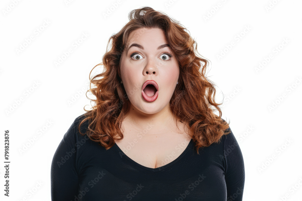 Beautiful real plus size woman isolated on white background surprised and shocked while looking to camera Beautiful real plus size woman isolated on white background surprised and shocked while looking to camera