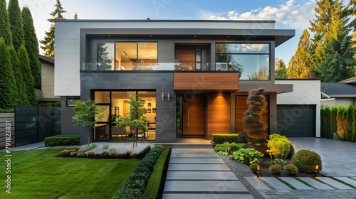 modern luxury house facade with main entrance door and backyard architectural exterior