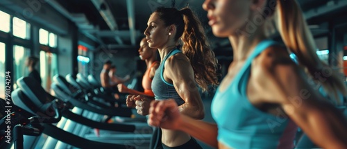 Fitness exercise group of athletic people running on treadmills. Modern gym with athletic women and men exercising. Sports people working out in fitness club. © Антон Сальников