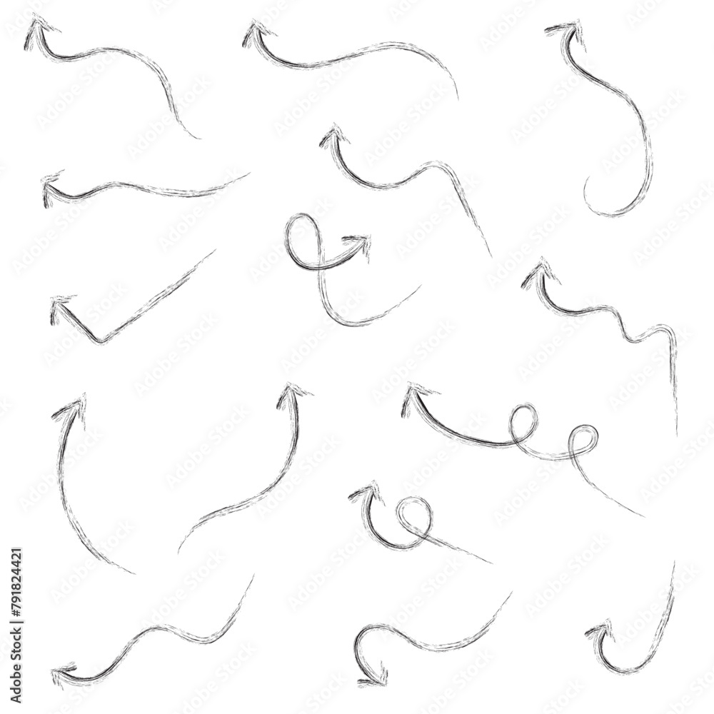 Black hand-drawn brush stroke arrow isolated on a white background. Black hand-drawn brush stroke arrow isolated on a white background.