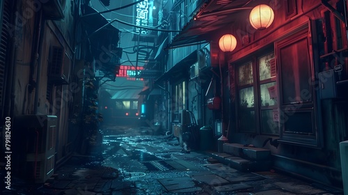 Gritty and Moody Alleyway Drenched in Eerie Neon Lights and Shadows at Night