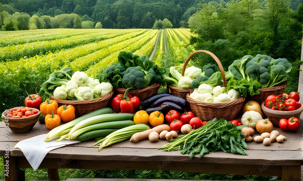 The rustic table is overflowing with fresh harvest. Seasonal vegetables, from the field to the table. Generative AI
