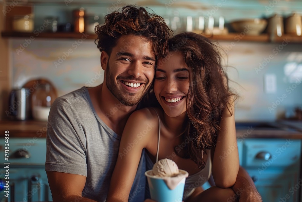 A laughing couple shares a moment of joy with a tub of ice cream in a warm-toned kitchen A laughing couple shares a moment of joy with a tub of ice cream in a warm-toned kitchen