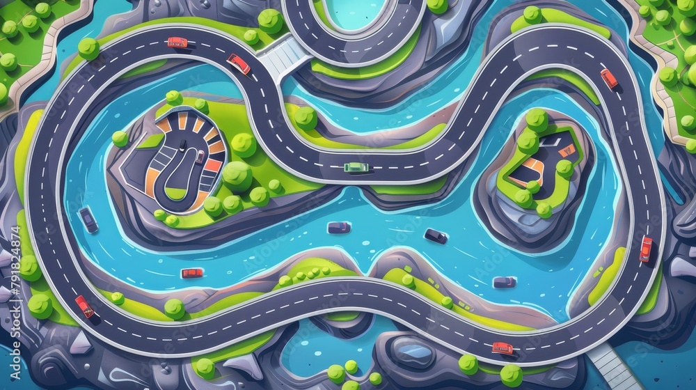 The loop racetrack is pictured on an overpass above water in a cartoon ...
