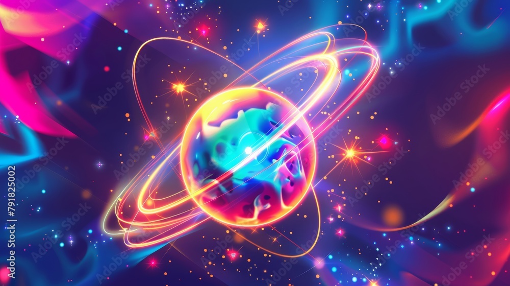 Symbol of atom structure and light particles with cartoon abstract futuristic illustration of lightnings and neon energy balls. Symbol of atom structure and light particles with cartoon abstract futuristic illustration of lightnings and neon energy balls.