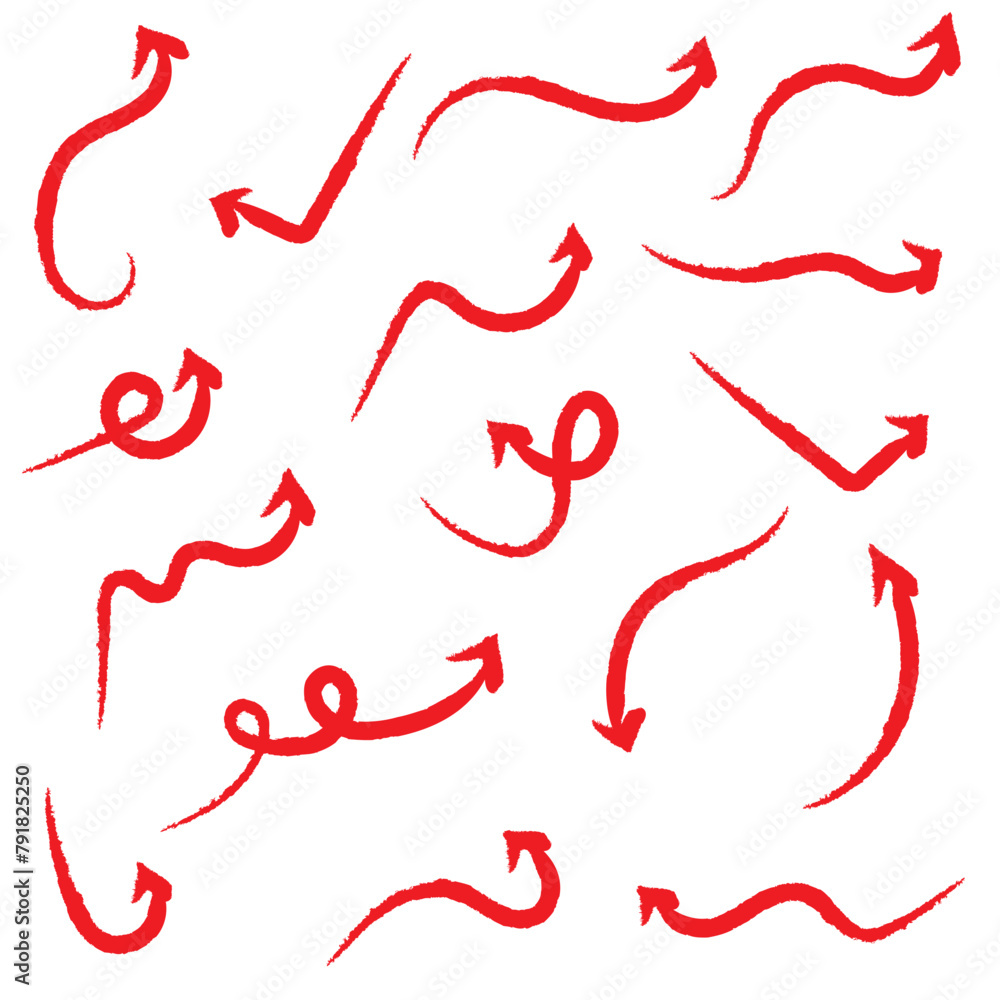 Red hand-drawn brush stroke arrow on a white background. Red hand-drawn brush stroke arrow on a white background.