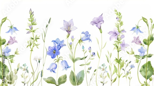 seamless border of delicate meadow and forest flowers featuring watercolor handpainted illustrations of campanula patula stellaria holostea and more isolated on white photo