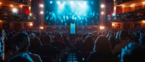A live event showcasing brand new products: keynote speaker unveils high-tech smartphone device in a movie theater. photo