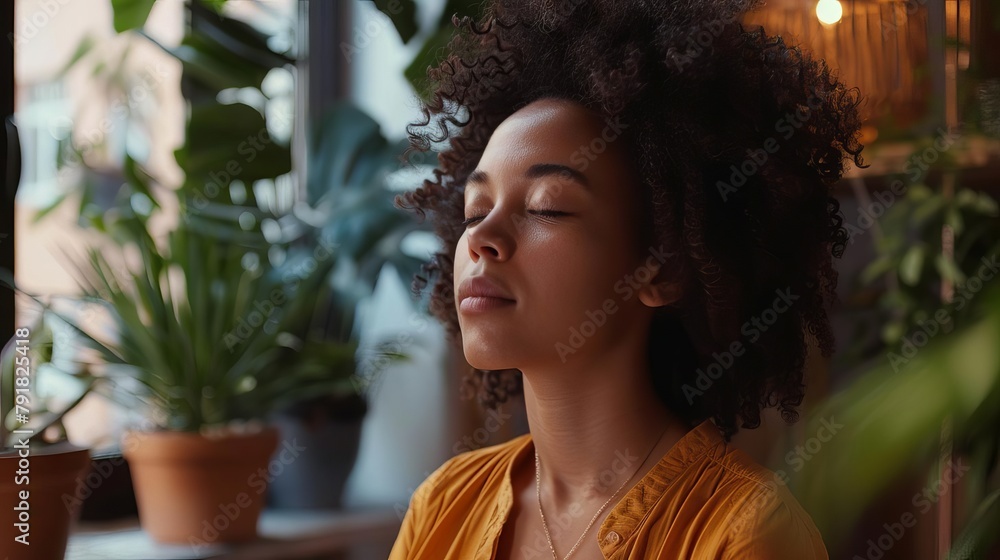 serene woman meditating at home eyes closed relaxing mind and body mental health concept serene woman meditating at home eyes closed relaxing mind and body mental health concept