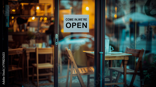 open sign  Restaurant door handle with push sign on glass doors