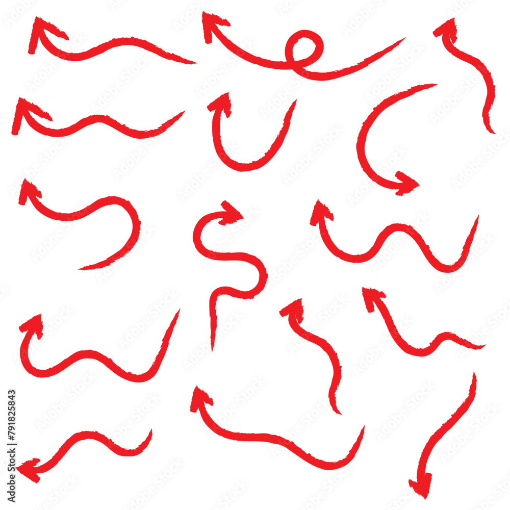 Red hand-drawn brush stroke arrow on a white background. Red hand-drawn brush stroke arrow on a white background.