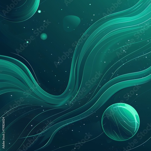 Cyan planets orbiting in space on a 2D card, exploring cosmic themes
