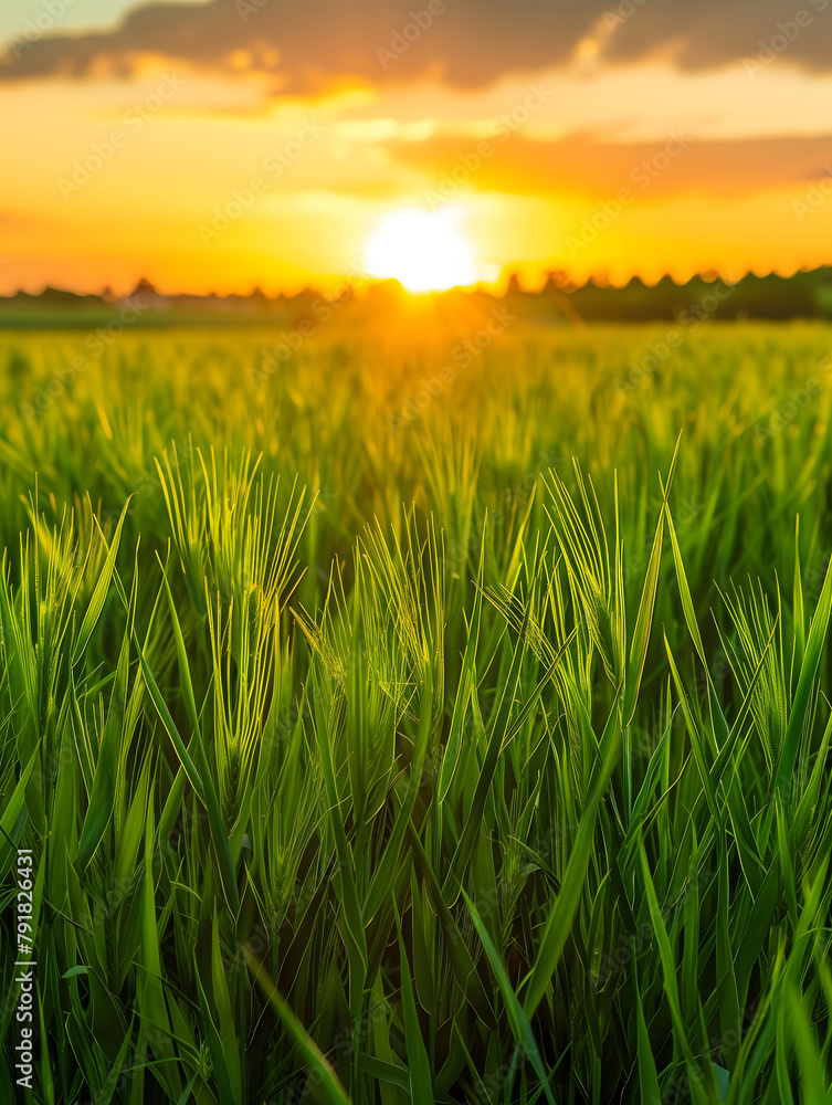Green wheat field swaying in the breeze at sunset Green wheat field swaying in the breeze at sunset