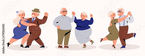 Set od 3 Senior Couples Dance, Elderly People Romantic Loving Relations Concept. Happy Old Men and Women Embracing, Holding Hands while Dancing. Old Characters Dating, Love. Cartoon People Vector