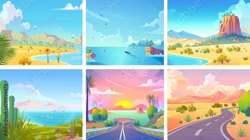 Landscape modern posters of mediterranean sea with islands, deserts and mountains with highways of summer road trip. Cartoon nature scene with different landscapes with cars.