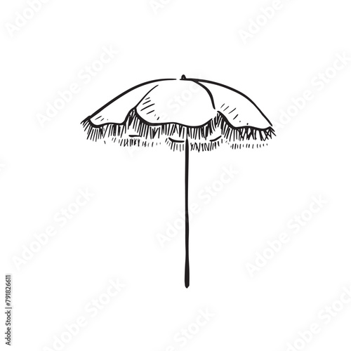 A line drawn sketch of an umbrella parasol with tassels in black and white. Vectorised in a sketchy style for a variety of uses.