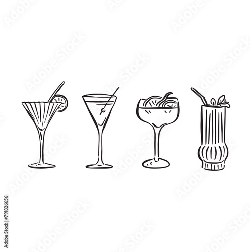 A line drawn illustration of individual cocktails in a sketchy style. Black and white sketch, vectorised for a wide variety of uses. This file consists of 4 individual vectors.