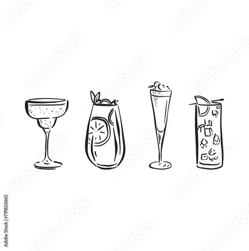 A line drawn illustration of individual cocktails in a sketchy style. Black and white sketch, vectorised for a wide variety of uses. This file consists of 4 individual vectors.