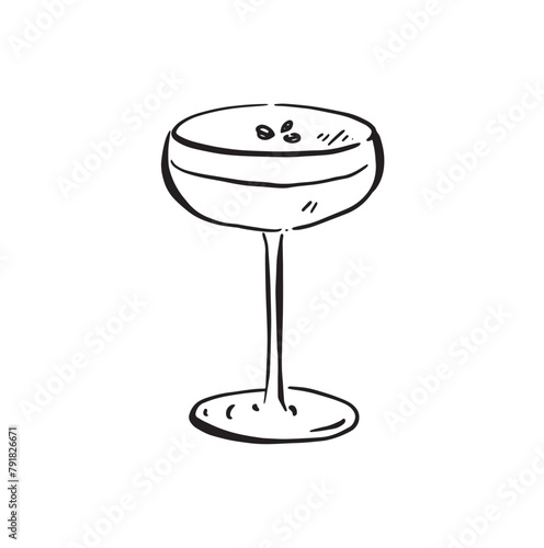 A line drawn sketch of an espresso martini in black and white. Vectorised in a sketchy style for a variety of uses.