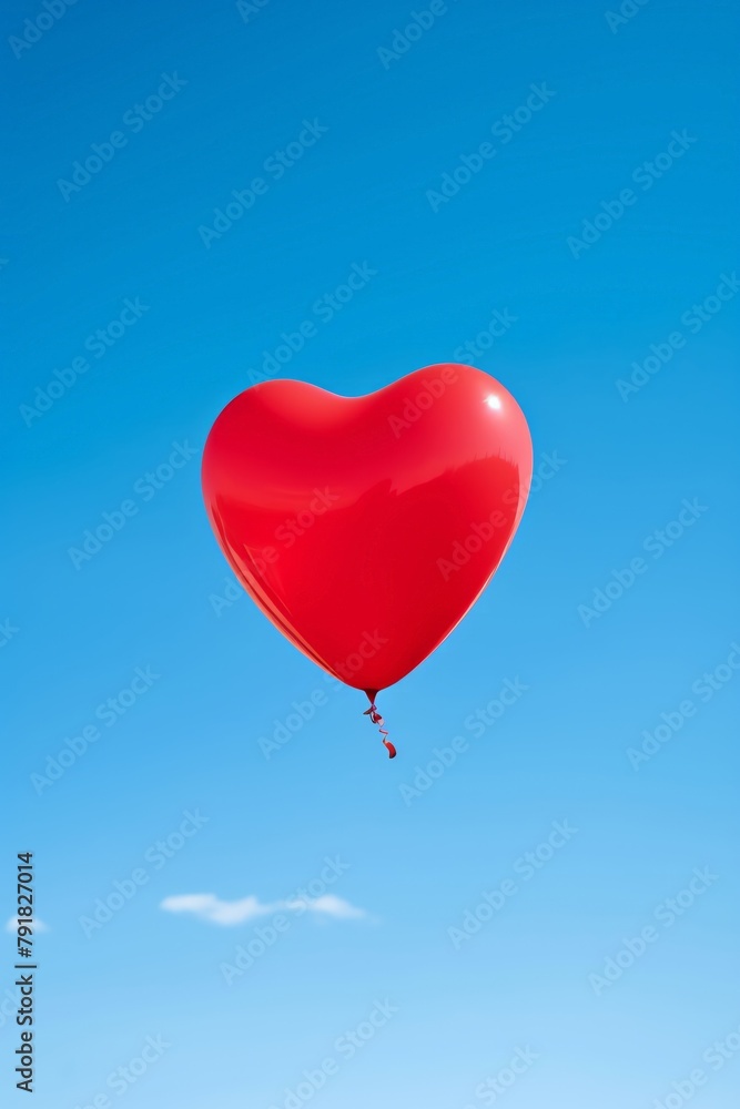 Fototapeta premium Simple yet impactful image of a red heart balloon floating against a clear blue sky, embodying feelings of freedom, love, and joy